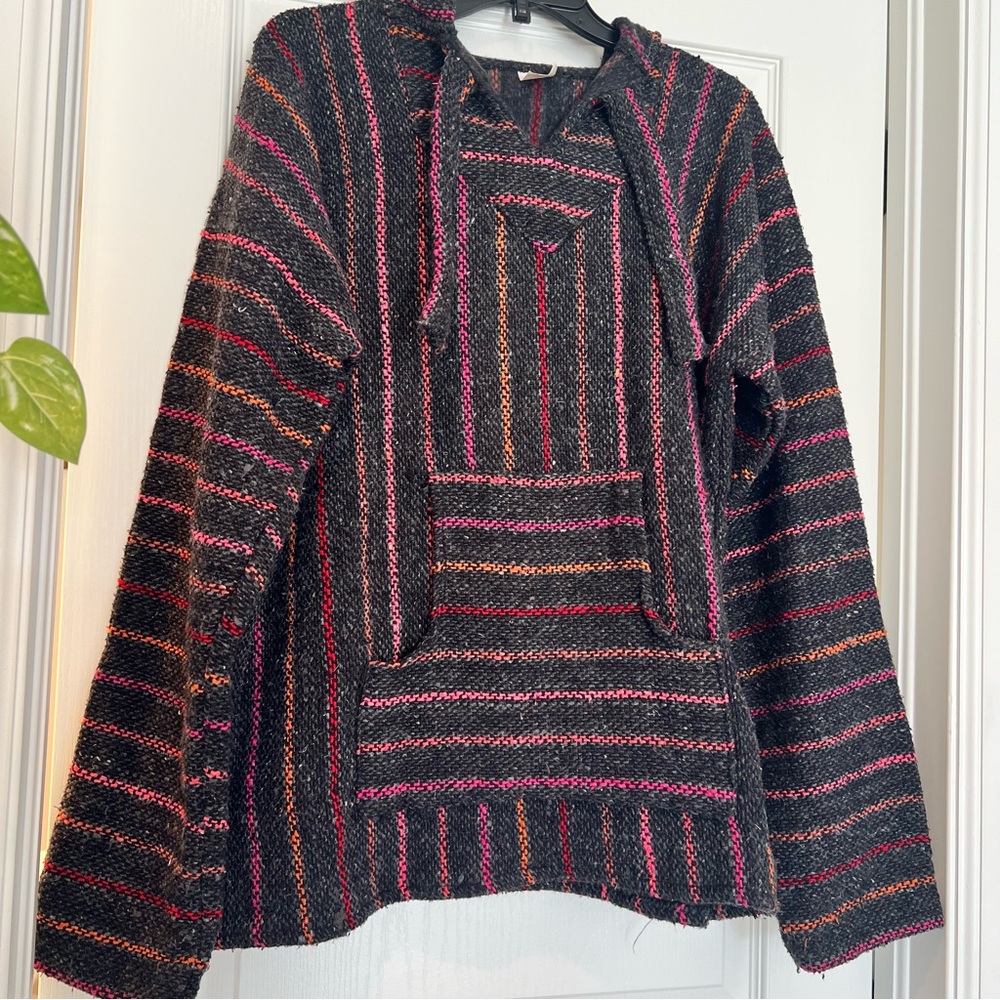 ARTESANIAS Striped Knit Pullover Hoodie Sweater Acrylic L Hippy Boho Baja Joe